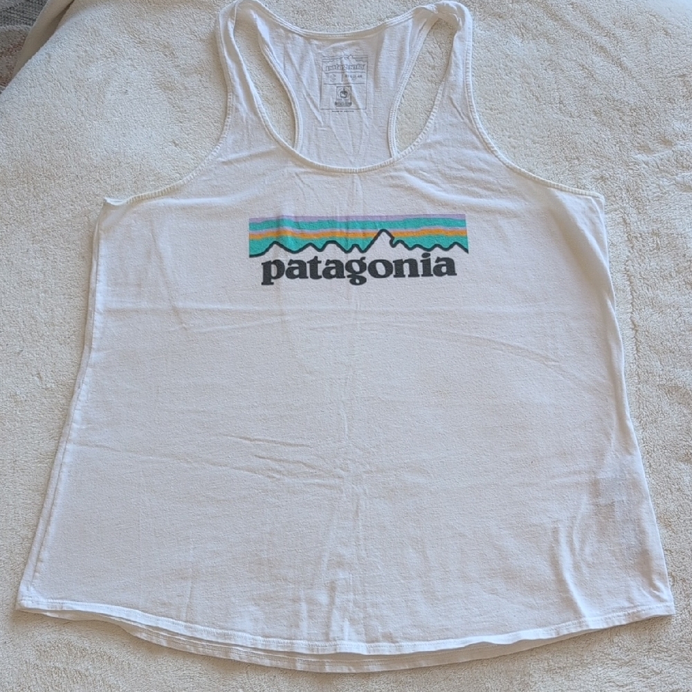 Patagonia White Tank with Teal, Purple & Yellow Stripe Logo